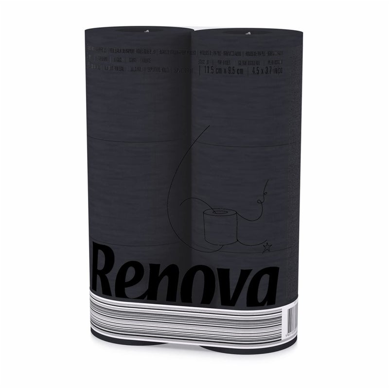 Renova Black Toilet Paper 3Ply Ideal for Decorating Your Home or Office Pack of 6 Compact Rolls 140 Sheets Ecolabel Certified Dermatologically Tested Septic Safe Sustainable Soft